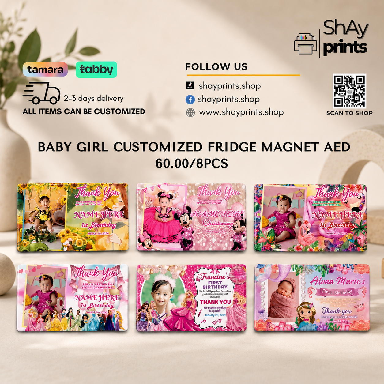 8pcs ATM Size Girl Christening & Birthday Fridge Magnets